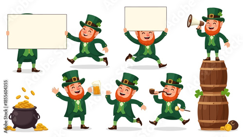 A collection of cartoon leprechauns in various poses, celebrating St. Patrick's Day with gold coins, beer, and signs.