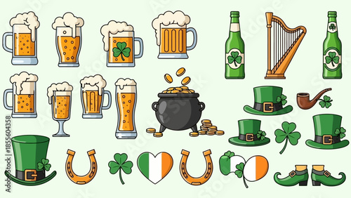 St. Patrick's Day themed vector art with beer, hats, and Irish symbols.