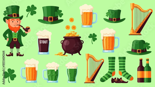 Collection of St. Patrick's Day themed illustrations, including leprechauns, beer, and harps.