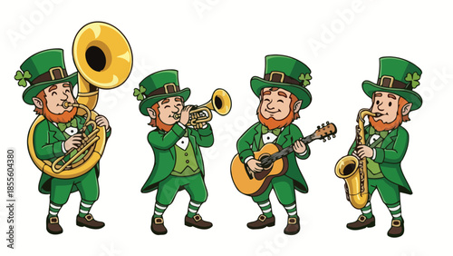Four leprechauns playing musical instruments: tuba, trumpet, guitar, and saxophone.
