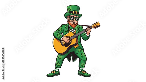 Cartoon illustration of a leprechaun in green attire playing a guitar with sunglasses.