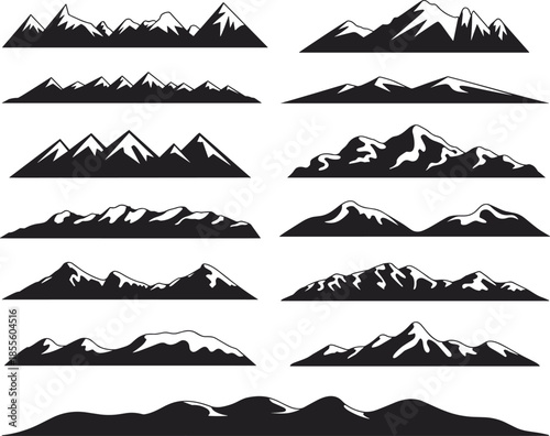 Black mountain silhouettes vector collection, minimalist alpine landscape elements for logos, branding, posters, backgrounds designs