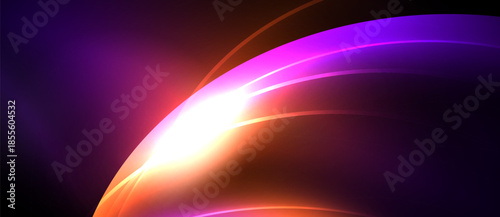 Abstract vibrant curves radiate light. Purple, orange, white blend creating dynamic energy. Smooth gradients suggest movement, depth.