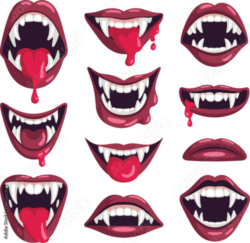 Vampire mouth expressions set, dripping fangs cartoon illustrations for halloween horror stickers comics designs collection
