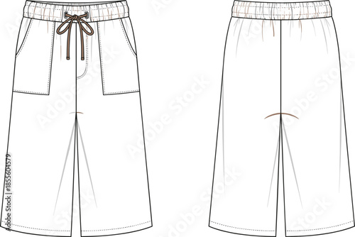 Knee-length shorts technical sketch, fashion illustration, elastic waistband, drawstring tie, patch pockets, relaxed fit, vector front back view