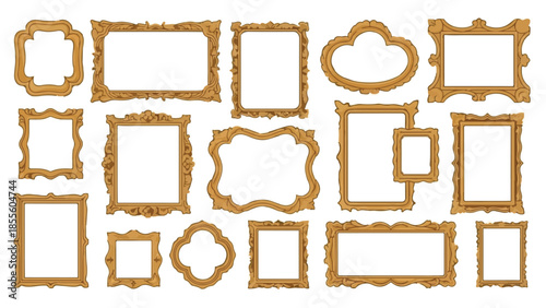 Collection of Ornate Golden Picture Frames Vector Set. Vintage Baroque Decorative Design. isolated PNG with Transparent Background