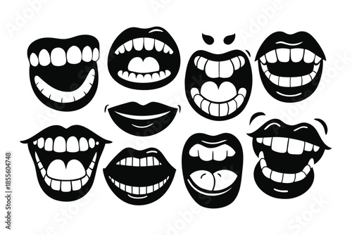 Black and White Vector Mouth and Lips Illustrations Set with Different Expressions, Smiles, and Teeth