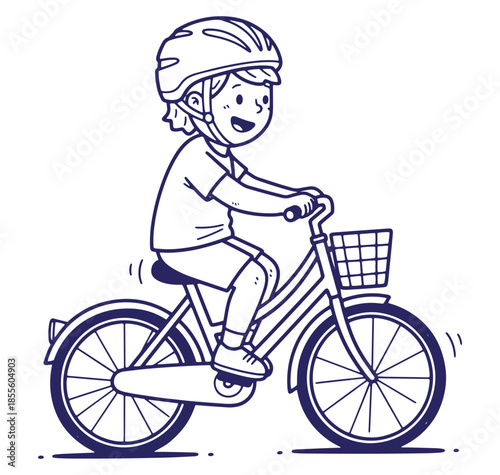 Happy child wearing a helmet rides a bicycle with basket on a sunny day