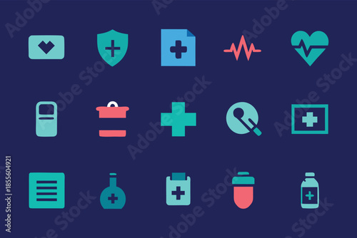 Medical and healthcare icon set in flat style, health insurance and emergency medicine symbols on dark background