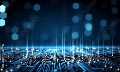 Abstract digital circuit board glowing with blue light and data streams creating a futuristic technological network background for innovation and connectivity concepts
