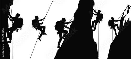Black silhouette vector illustration of rock climbers ascending cliffs with ropes, harnesses, backpacks, teamwork, adventure, outdoor extreme sport activity