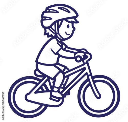 Happy little kid riding a bicycle with a helmet for safety and adventure