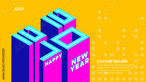 Year 2027. Happy New Year 2027 Celebration banner with 3D typography. Modern minimalist design on a clean yellow background. Vector art. 2027 New Year celebration poster. perfect for creative agency