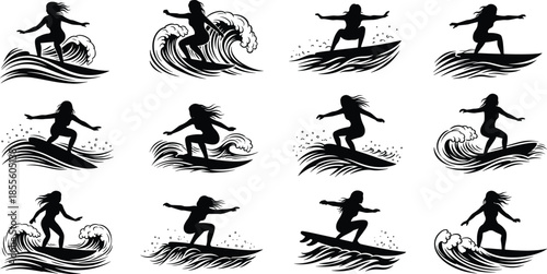 Black silhouette vector illustration of surfers riding waves in multiple dynamic poses, showcasing surfing stances, ocean energy, and water sport action