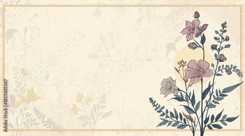 Vector template featuring a delicate wildflower motif with intricate pattern design, set against a soft, serene background that resembles the gentle light of a  Full