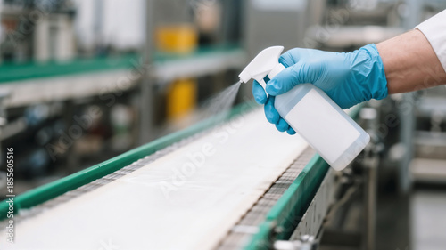 Worker using a sanitizing spray to clean a conveyor belt in a food manufacturing facility