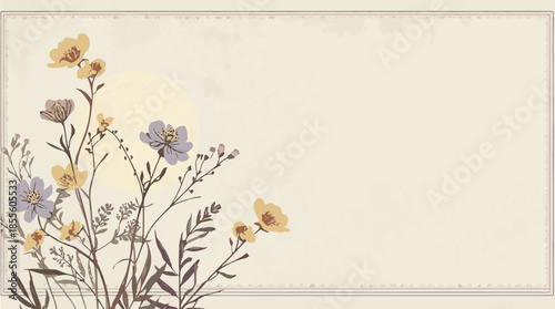 Vector template featuring a delicate wildflower motif with intricate pattern design, set against a soft, serene background that resembles the gentle light of a Full