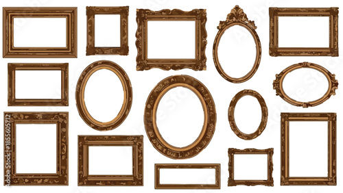 Collection of Ornate Antique Wooden Picture Frames with Vintage Carved Details isolated PNG with Transparent Background