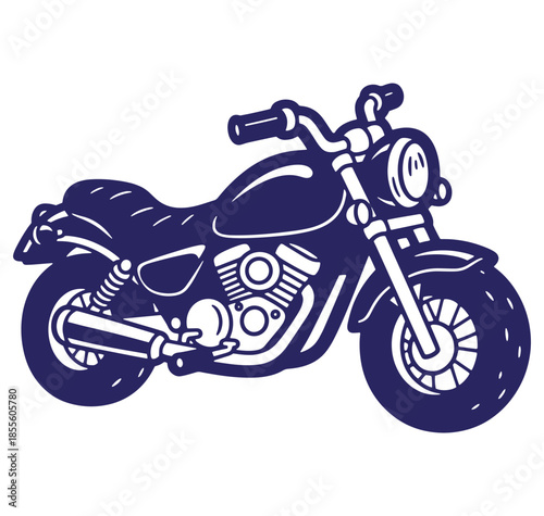 Vector illustration of a classic cruiser motorcycle outlined in dark blue on white background