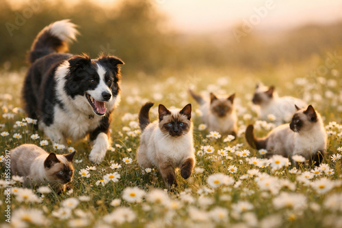 AI generated image of Border Collie herding playful Siamese cats in a field of daisies during golden hour. The scene captures lively motion and soft warm lighting, with a dreamy, peaceful atmosphere.