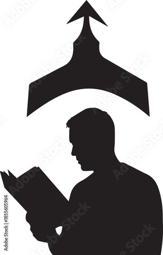 Silhouette of a man reading a book with an idea bubble