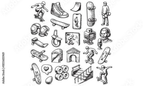 Vintage Skateboarding Engraving Sprite Sheet Illustration Collection