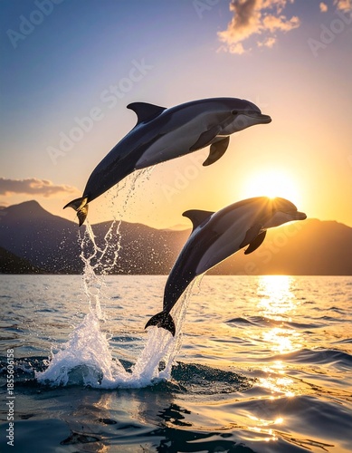 Two dolphins leaping out of the ocean water during a beautiful sunset with mountains in the background.