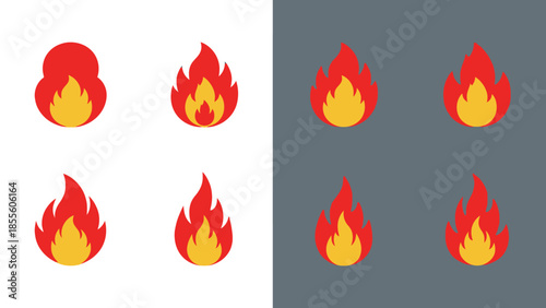 Set of stylized icons depicting fire flames in red and yellow colors on white and gray backgrounds