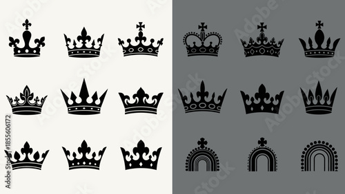 Collection of diverse royal crowns and regal headwear silhouettes on light and dark backgrounds