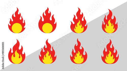 Set of eight flame icons with yellow centers and red-orange flames against a grey and white background