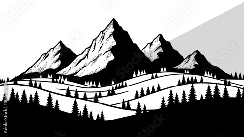 Majestic mountain range with rolling hills and pine trees in a striking black and white graphic illustration