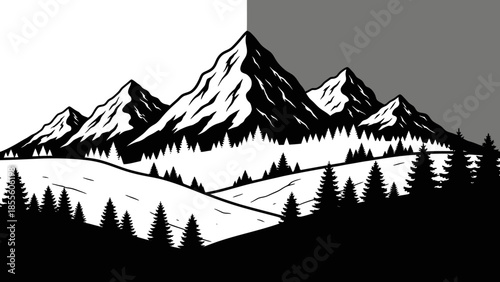 Monochromatic Majestic Mountain Range with Pine Forest in Dramatic Half-Light and Shadow