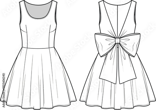 Sleeveless dress fashion sketch, scoop neckline, pleated skirt, bow back detail, technical illustration, garment design, vector front back view
