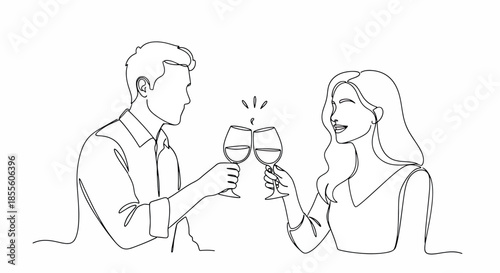 Couple Toasting with Wine Glasses in Minimalist Line Art Style