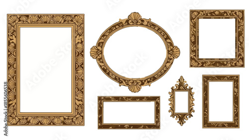 Set of isolated ornate golden baroque picture frames. 3D render illustration. isolated PNG with Transparent Background