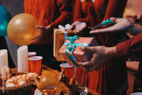Festive Office Christmas Party with Delicious Food. A beautifully decorated office space with Christmas trees and festive lights, set up for a holiday party.