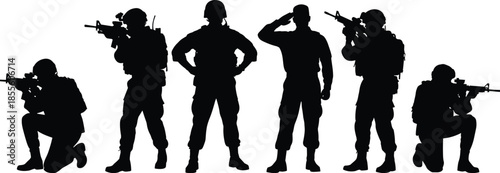 Soldier silhouette, military pose, tactical gear, rifle stance, army vector, combat figure, black soldier art, defense icon, war illustration, salute gesture, kneeling soldier, armed forces,