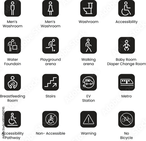 Public Facility & Accessibility Icons Set – Washroom, Accessibility, Transport & Safety Vector Symbols