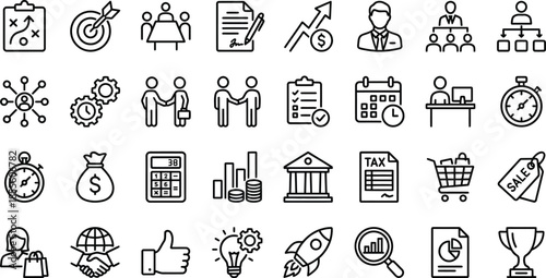 Collection of minimalist black and white outline icons representing various crucial business strategy concepts project management processes and financial goals for presentations.