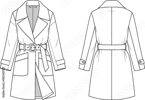 Trench coat fashion sketch, technical illustration, notched collar, belted waist, patch pockets, garment design, vector front back view