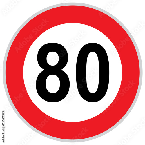 Speed limit 80 traffic icon, circular road sign for driving regulation and transportation safety