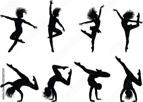 Dance silhouette, dynamic movement, acrobatic pose, expressive dancer, black figure, graceful motion, athletic flip, artistic balance, energetic leap, contemporary style, modern choreography, 