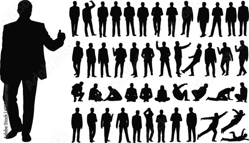 Black silhouette collection of professional businessmen in various poses including standing sitting walking falling and presenting isolated on white background.
