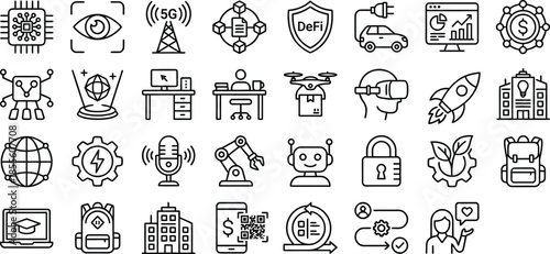 Collection of black and white line icons representing various concepts in modern technology artificial intelligence robotics virtual reality finance sustainability and digital communication systems fo
