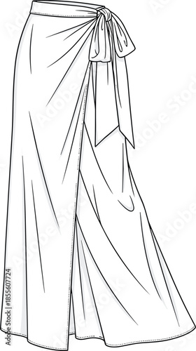 Wrap skirt fashion sketch, high waist, side tie closure, draped silhouette, slit detail, garment design, vector front view illustration