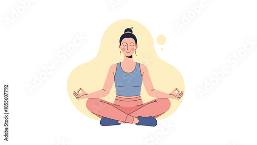 Peaceful flat vector illustration of a woman meditating in the lotus position on a clean white background.