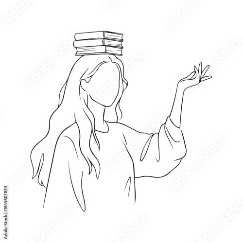 Continuous line drawing of a woman balancing a stack of books on her head. Minimalist vector illustration of a female student representing education, knowledge, stability, and learning concepts.
