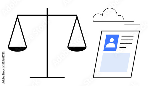 Legal balance concept. Scales signify fairness in law, paired with a digital user profile for identity and legality. Legal balance focuses on compliance, law, fairness, and technology. Ideal