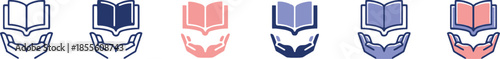 Education and learning book in hands icon set vector illustrations of knowledge and literacy symbols in various colors and styles for library school and reading concepts on transparent background