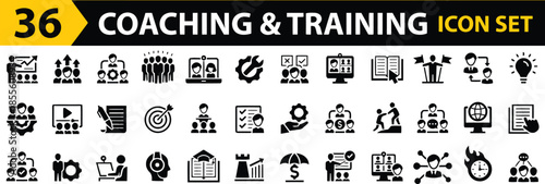 Set of thirty six coaching and training icons vector illustration showing various aspects such as communication, teamwork, presentation, and instruction isolated on background